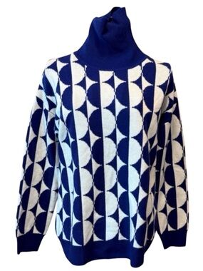 Kier + J Cashmere Wool Sweater Geometric Turtleneck Navy Ivory Knit S
